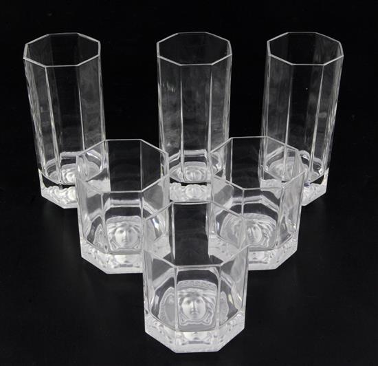 A part suite of Versace part frosted drinking glasses, heights 9cm and 15cm